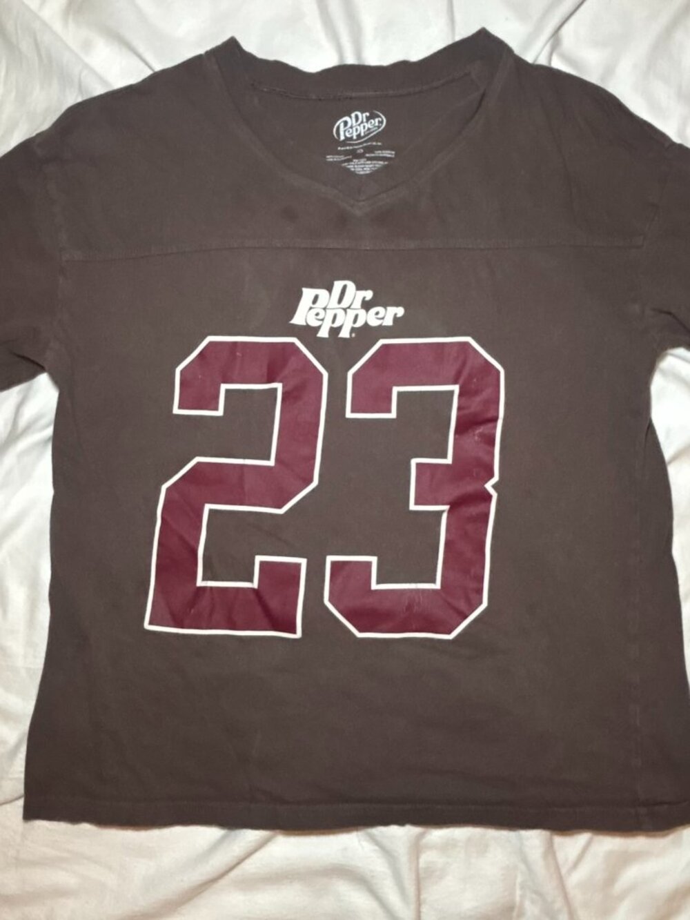 Womens XS Dr Pepper 23 Retro Graphic T Shirt Brown V Neck Short Sleeve